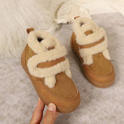 Children's Winter Thermal Lined Furry Ankle Boots, Double Hook And Loop Soft Sole Anti-Slip Snow Winter Shoes, Girls' Warm Boots In Maillard Color Palette