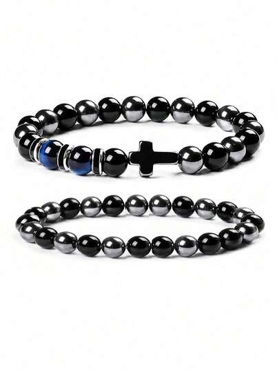 1/2pcs Black Obsidian/Tiger Eye Bracelet, Unisex, Black Obsidian Elastic Beaded Bracelet, Natural Stone Minimalist Jewelry