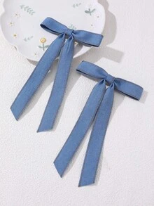 2pcs/6pcs Girls Denim Fabric Bow Hair Clips, Wavy Edge Long Ribbon Alligator Hair Clips, Gentle Atmosphere Side Hair Clips Hair Accessories - Multicolor - View 5