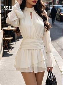 ROSIE POPHUB Women Cream Mock Neck Keyhole Flare Long Sleeve Ruched Waist Tiered Ruffle Mini Dress Elegant Party Daily Christmas Fall Winter - Beige - View 3