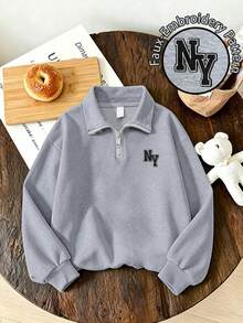 Girls' Fashion Minimalist Letter Embroidery Half-Zip Stand Collar Sweatshirt With Loose Wide Leg Pants, 2-Piece Set For Autumn/Winter Daily Wear - Grey - View 4