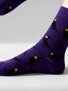 1 Pair Purple Crow Cartoon Jacquard Women's Mid-Calf Socks, Personalized Dark Style Fun Mid-Calf Socks, Halloween Outfit Socks - Multicolor - View 8