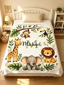 Personalized Animal Blanket, Customized Name Giraffe Elephant Lion Monkey Throw Blanket, Soft All-Season Children's Blanket, Suitable For Baby Room Bedroom Travel Gift - Multicolor - View 3
