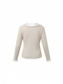 Sweet Sexy Peter Pan Collar Inner Layer Knit Cardigan Lace Trim Women's Top - Apricot - View 10