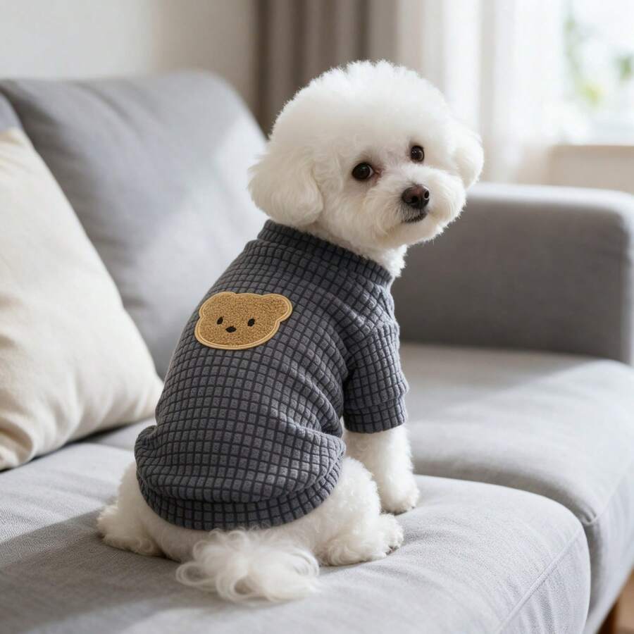 1PC Waffle Knit Dog T-Shirt, Cute Bear Patch Half High Collar Pet Short ...