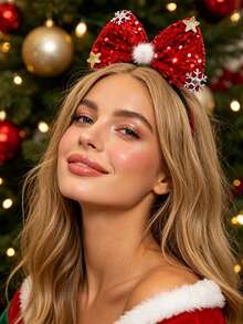 2/1pc Christmas Shiny Red & Green Sequin Large Bow Headband With Snowflake, Star And Pom Pom Decor, Women's Autumn/Winter Holiday Party Hair Accessory - Multicolor - View 11