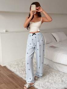 1pc Women's Comfortable Blue & White Striped Bow Print Long Pajama Pants, Soft Polyester, Non-Sheer - Blue - View 4