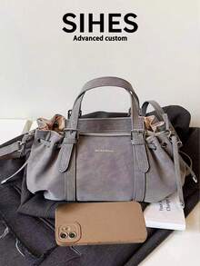 1pc Solid Color PU Leather New Women's Backpack, Shoulder Bag, Crossbody Bag, Fashion Square Handbag, Boston Bag, Zipper Closure, Dual Handles, Suitable For Commuting, Shopping, Dating, - Grey - View 10