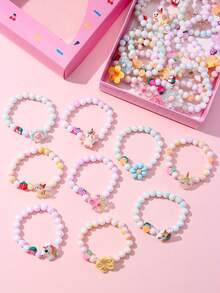 24pcs Kids Polymer Clay Bracelet Gift Set, Fruit Flower Beads Unicorn Pendant, Girls Party Jewelry Birthday Gift - Multicolor - View 8