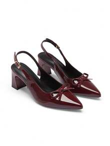 Okurime. Sandal Wanita Model Terbaru Musim Semi dan Gugur Warna Polos Seksi Ujung Lancip Hak Tebal - Burgundy - View 2