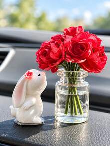 Mini Silk Flower Vase And Floral Bunny Car Decorations, Small Center Console And Dashboard Ornaments For Vehicle Interior Styling, Cute Decorative Accents For Cars And Desktop Displays - One Size - View 3