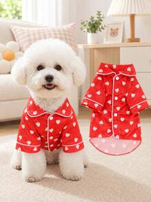Breathable Satin Pet Pajamas, Red Background Heart Print, Non-Elastic Dog Shirt, All-Season Puppy Teddy Home Wear, Size Runs Small, Recommend Buying 1-2 Sizes Up - Red - View 8