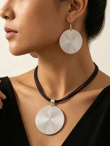 3pcs Vacation Style Shiny Silver Textured Disc Earrings Set, Bohemian Leather Cord Necklace, Versatile Party Jewelry For Women - Silver - View 2