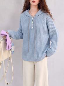 Women's Light Blue Knitted Hooded Pullover Sweater With Drawstring And Button Details, Long Sleeve Casual Winter Knitwear - Baby Blue - View 4
