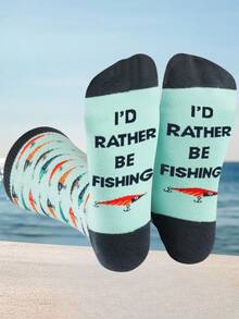 1/2 Pairs Men's Funny Fishing Theme English Mid-Calf Socks, Fun Gift For Fishing Enthusiasts, Unisex Size, Perfect For Birthday Or Small Gift - Multicolor - View 6