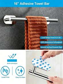 Stainless Steel Bathroom Accessories, Thickened Towel Bar With Towel Ring, Drill-Free Clothes Hook, Toilet Paper Holder, Bathroom Storage Rack, Suitable For Kitchen, Laundry Room - Silver - View 5