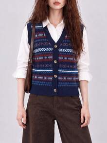 Women's Autumn/Winter Vintage Pattern V-Neck Cardigan Vest - Navy Blue - View 1