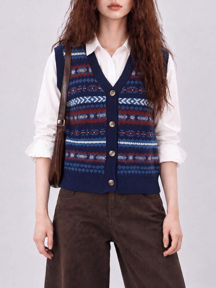 Women's Autumn/Winter Vintage Pattern V-Neck Cardigan Vest - Navy Blue - View 1