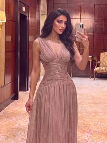 Women's Romantic Long Sleeve Deep V-Neck Dress, Pleated Detail Design, Flared Hem, Glamorous Style - Dusty Pink - View 3