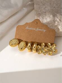 6-18pcs Gold Fashion Women's Earrings Set, With Flower, Bow, Ribbed, Textured, Smooth, Bird Nest Design Earrings Set, Suitable For Daily Wear In All Seasons And Various Occasions, Perfect As A Gift - Gold - View 3