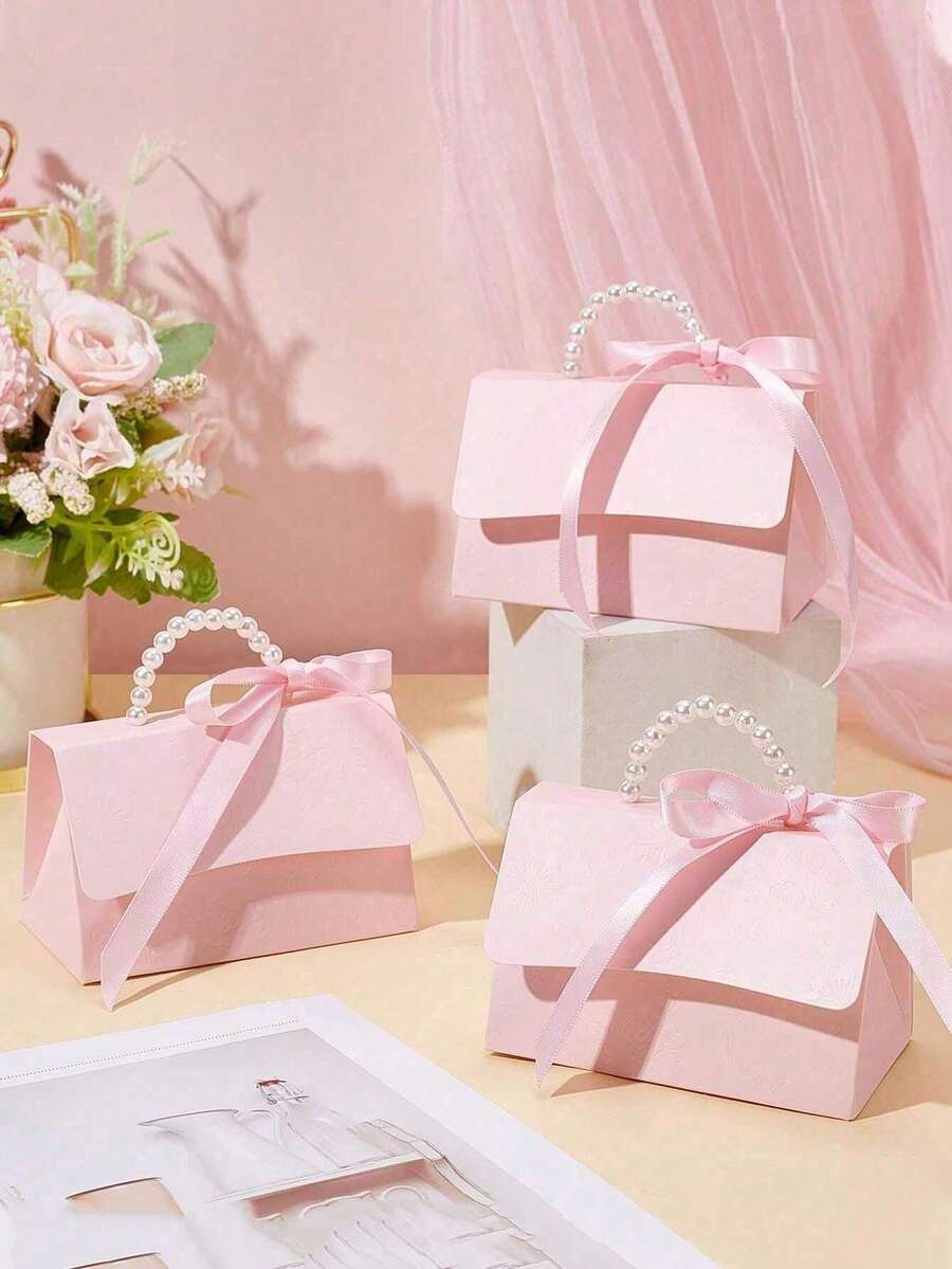 1/5/10Pcs Faux Pearl Decorative Gift Bags, Minimalist Party Packaging Bags, Pink Gift Bags With Handles, Paper Gift Boxes With Pearl Handles Decoration, Suitable For Valentine's Day And Wedding Gifts,Embossed Flower Boxes For Mini Packaging Bags - Pink - View 1