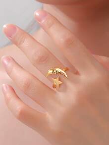 LIKGREAT 1pc Women's Fashion Stainless Steel Sun & Moon Shaped Open Ring, Unique Design, Unisex Gift - Fashion Series - View 8