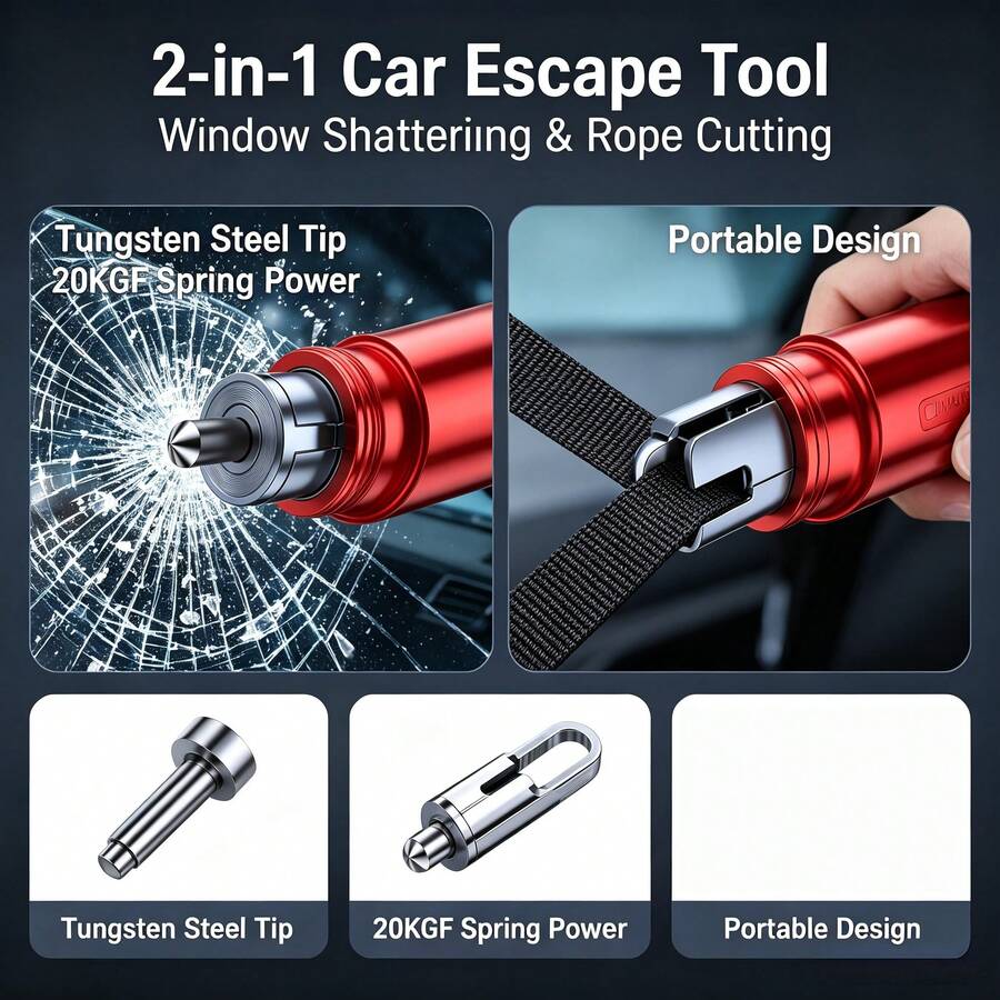 Alat Pemecah Kaca Mobil 2-in-1 dengan Pemecah Kaca dan Pemotong Sabuk Pengaman - Alat Evakuasi Darurat, Konstruksi ABS dan Paduan Logam, Desain Portabel 3,64 Inci, Termasuk Braket Pemasangan yang Praktis, Alat Kendaraan, Tampilan Logam yang Bergaya