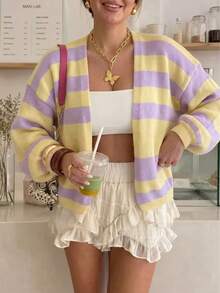 Women's Y2K Lavender & Pale Yellow Striped Cardigan, V-Neck, Dropped Shoulder, Long Sleeve, Vacation Style, Loose Casual Versatile For Autumn/Winter - Purple - View 3