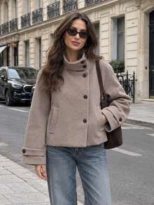 Vintage Stand Collar Short Wool Blend Jacket, Long Sleeve With Side Pockets - Light Grey - View 6