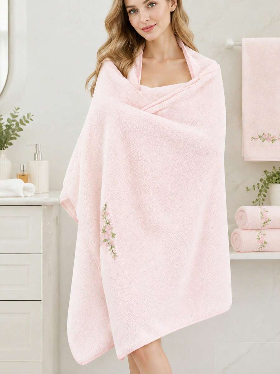 1pc-Rose Embroidered Large Bath Towel, Size 90*170 Cm, Soft And Thick, Quick-Drying, Dedicated For Home Bathing. Exquisite Rose Embroidery Adds A Gentle Atmosphere, Fluffy And Comfortable Touch, No Shedding, Available In Beige And Pink, Combining Practicality And Sweet Appearance. - Multicolor - View 1