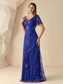 XUCTHHC Elegant V-Neck Butterfly Sleeve High-Quality Sequin A-Line Deep Blue Party Evening Gown, Formal Ball Dress, Wedding Guest, Holiday, Autumn/Winter - Royal Blue - View 9