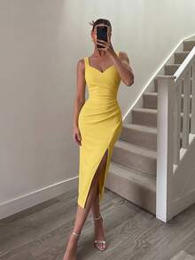 ADYCE Elegant Thick Strap High Waist High Slit Mid-Length Party Dress, Suitable For Prom, Evening Party, Date, Homecoming, Wedding Guest, Formal Dinner, Family Holiday, Autumn - Yellow - View 3
