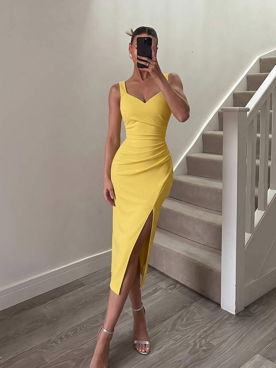 ADYCE Elegant Thick Strap High Waist High Slit Mid-Length Party Dress, Suitable For Prom, Evening Party, Date, Homecoming, Wedding Guest, Formal Dinner, Family Holiday, Autumn - Yellow - View 1