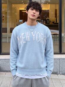 1pc Boys' Korean Style Distressed Tassel Letter Crew Neck Sweater, Spring/Autumn/Winter - Baby Blue - View 4