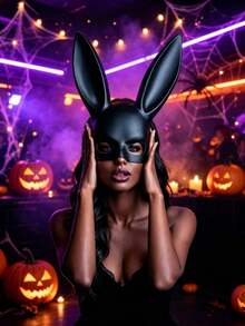 Women's Rabbit Ear Mask, Black/White Optional, Halloween Costume Party Cosplay Half Face Party Accessory - A - View 7