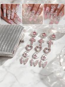 25pcs Y2K Alloy Nail Art Charms, Rhinestone Heart Butterfly Cross Pink Bow Jewelry Crystal Sequins Nail Decor, Suitable For Christmas Gift - Watermelon Pink - View 3
