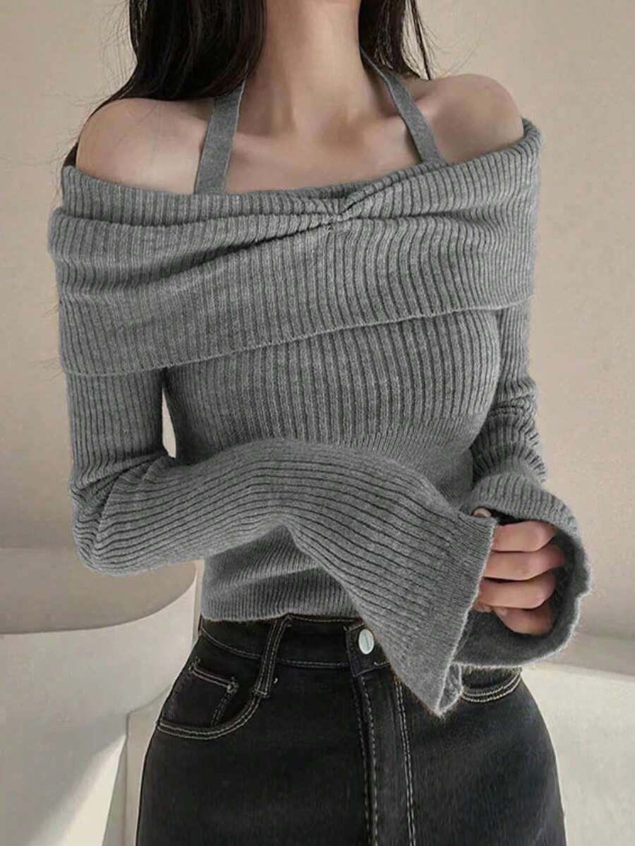 Off-Shoulder Long Sleeve Top Niche Design Slimming Short Cropped Halter Neck Sweater - Medium Gray - View 1