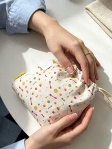 Cream Canvas Floral Dot Drawstring Makeup Bag Portable Handheld Travel Cosmetic Storage Pouch Gift L'Occitane Drawstring Bag - White + Yellow + Red - View 8