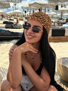 1pc Vintage Hollow Knit Beanie, Pearl Pendant Headscarf, Vacation Style Mesh Hat - Multicolor - View 13