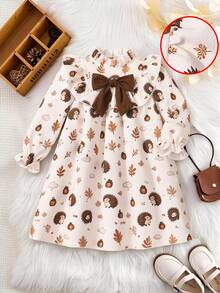Gaun Anak Perempuan Bergaya Pastoral dengan Motif Landak dan Daun, Kerah Berkerut, Pita Besar, Lengan Panjang, Lengan Mengembang Kasual, Potongan Longgar - Coklat - View 5