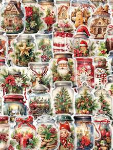 50pcs Christmas Bottle Decorative Stickers, Transparent PET Material, Warm Patterns Decorations , Suitable For Decorating Dorm Storage Boxes, Tablets, Earphone Cases And More. - Multicolor - View 1