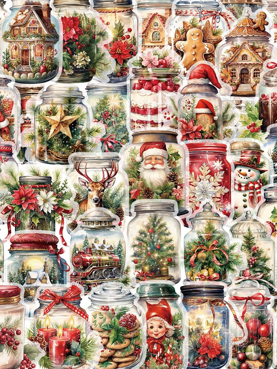 50pcs Christmas Bottle Decorative Stickers, Transparent PET Material, Warm Patterns Decorations , Suitable For Decorating Dorm Storage Boxes, Tablets, Earphone Cases And More. - Multicolor - View 1