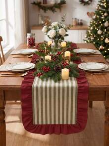 1pc Green & White Fine Striped With Burgundy Ruffle Edge Table Runner, Christmas Country Style Fabric Material, Rectangular Shape With Burgundy Ruffle Edge Patchwork Detail Decoration, Beautification And Stain Protection For Tabletop, Suitable For Christmas Fireplace Decor And Winter Holiday Home Scenes - Red - View 6