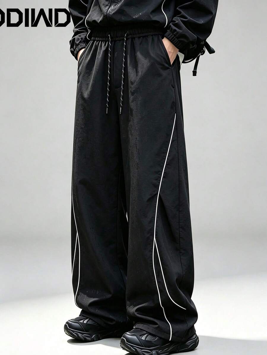 Hardcore Outdoor Side Line Patchwork Wide Leg Men's Long Pants, Outfit, Hiking Jogging Trousers - Black - View 1