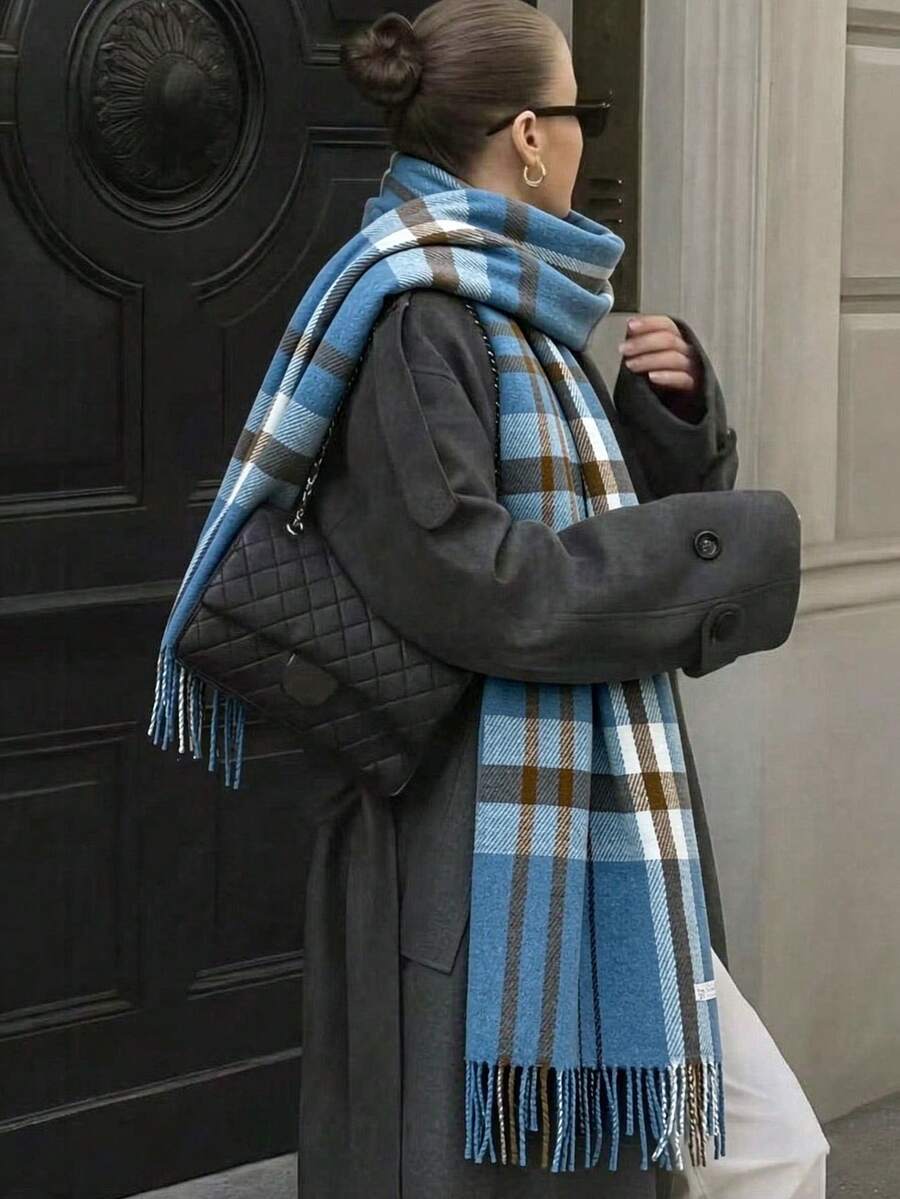 1件復古英式格紋流蘇圍巾,經典格紋保暖披肩,男女皆宜,適合日常穿搭與配件 - 藍色 - 查看 1