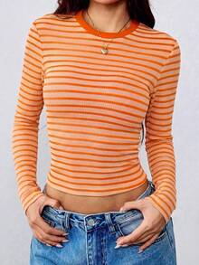 New Women's Contrast Color Striped Round Neck Long Sleeve Top, Autumn Fashion High Elasticity T-Shirt - Orange - View 1