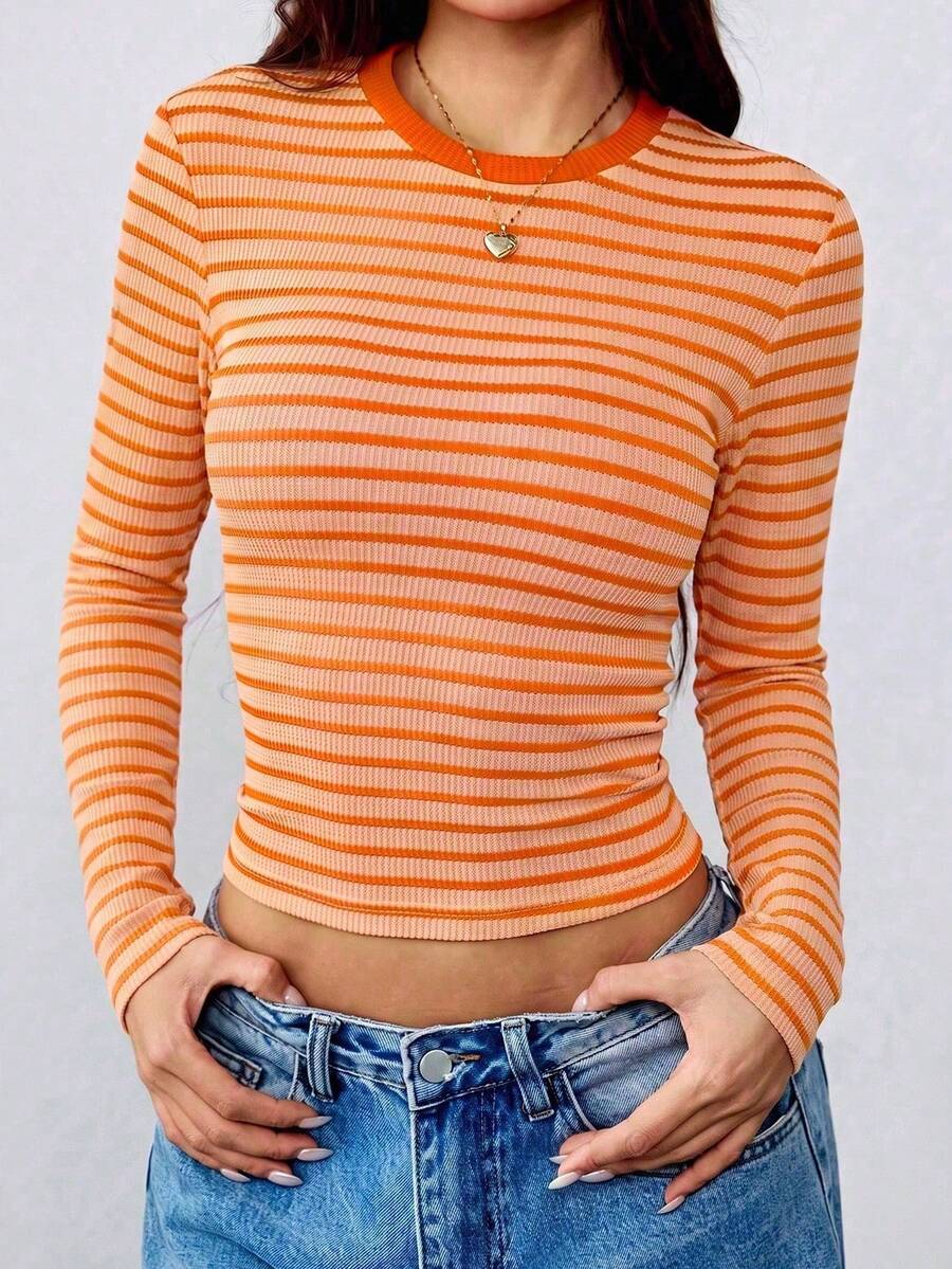 New Women's Contrast Color Striped Round Neck Long Sleeve Top, Autumn Fashion High Elasticity T-Shirt - Orange - View 1