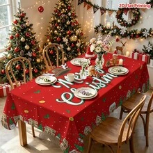 1件紅色背景聖誕主題桌布，中央手寫「Merry Christmas」文字搭配鹿角帽裝飾，周圍環繞小屋、雪人、聖誕樹、禮物盒、冬青葉與金箔點綴，適用於廚房餐桌布置、餐廳裝飾、野餐露營、派對場景、農舍風裝飾、桌面美化與營造節日氛圍 - 彩色 - 查看 7