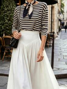 Autumn/Winter New Solid Color High Waist Pleated A-Line Long Skirt, French Elegant Full Skirt - White - View 9