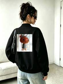 Women's Custom Logo Stand Collar Zip-Up Sweatshirt, Long Sleeve Drop Shoulder Thermal Lined Regular Fit Top, Suitable For Autumn Streetwear - Black - View 4